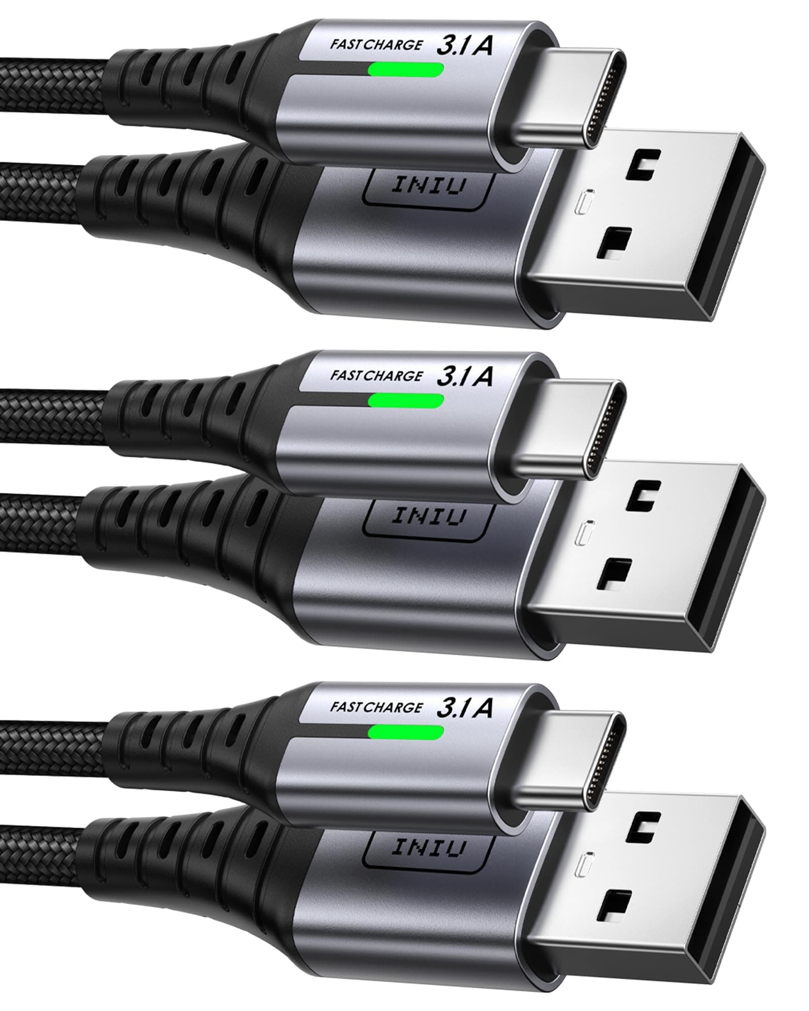 INIU USB C Kabel, [3 Stück 2m+2m+0,5m] 3.1A Ladekabel USB C Nylon Geflochten Schnellladekabel
