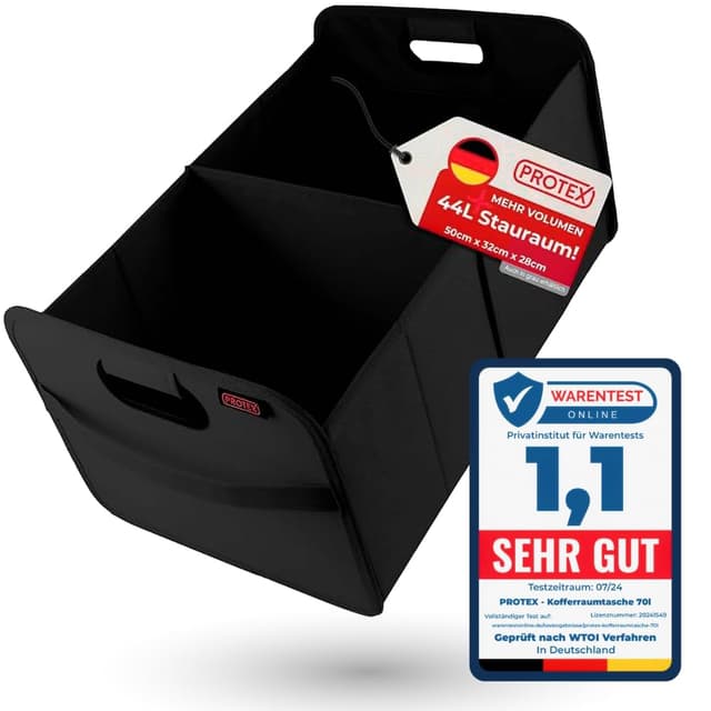 PROTEX Kofferraum Organizer [Testsieger 2024] 44L Auto Kofferraumtasche | Organizer Auto | Faltbare, stabile und wasserdichte Kofferraumtasche (schwarz) 44l Schwarz 🚗👜