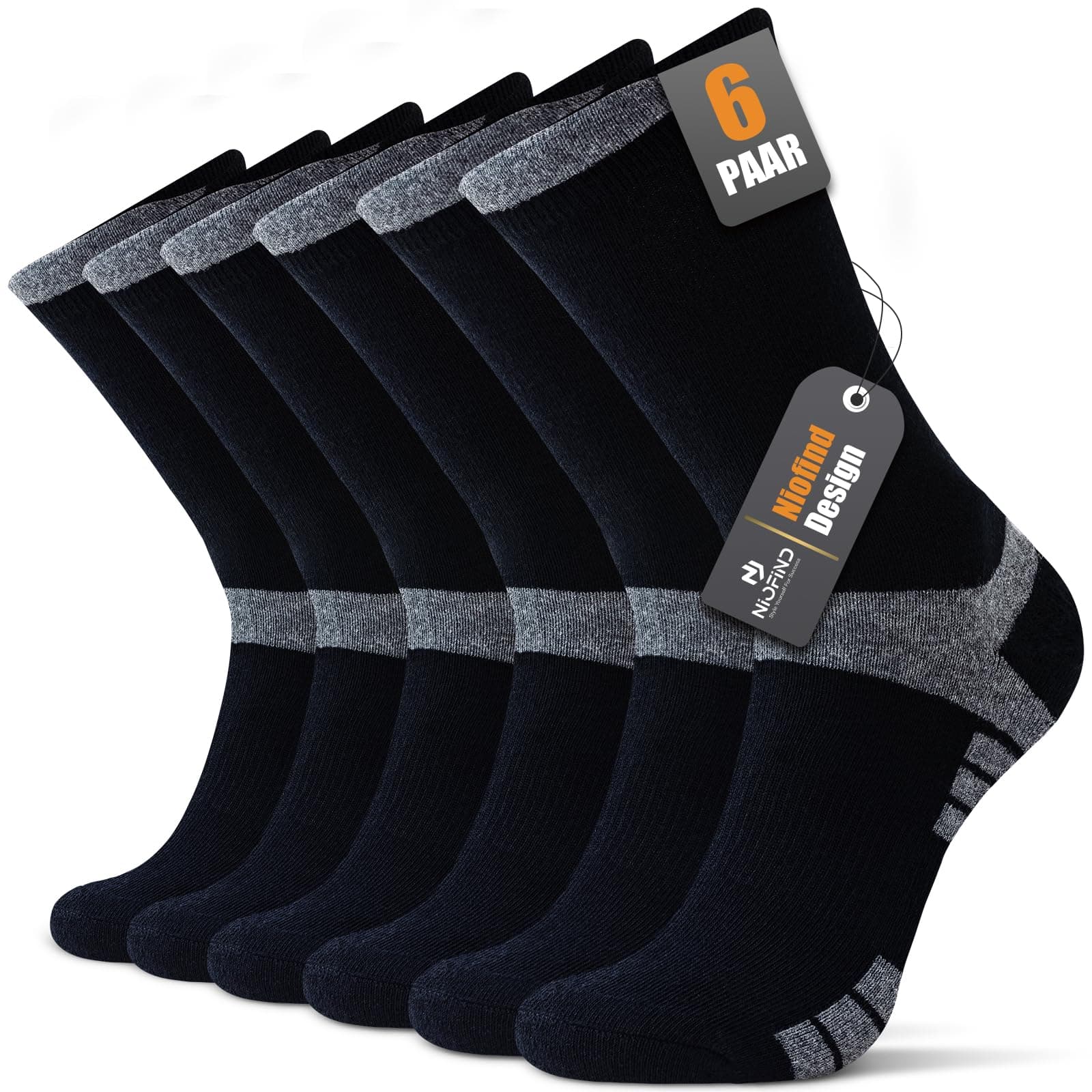 Niofind Socken Herren Damen 43-46 37-42, 6 Paar Baumwolle Sportsocken Schwarz