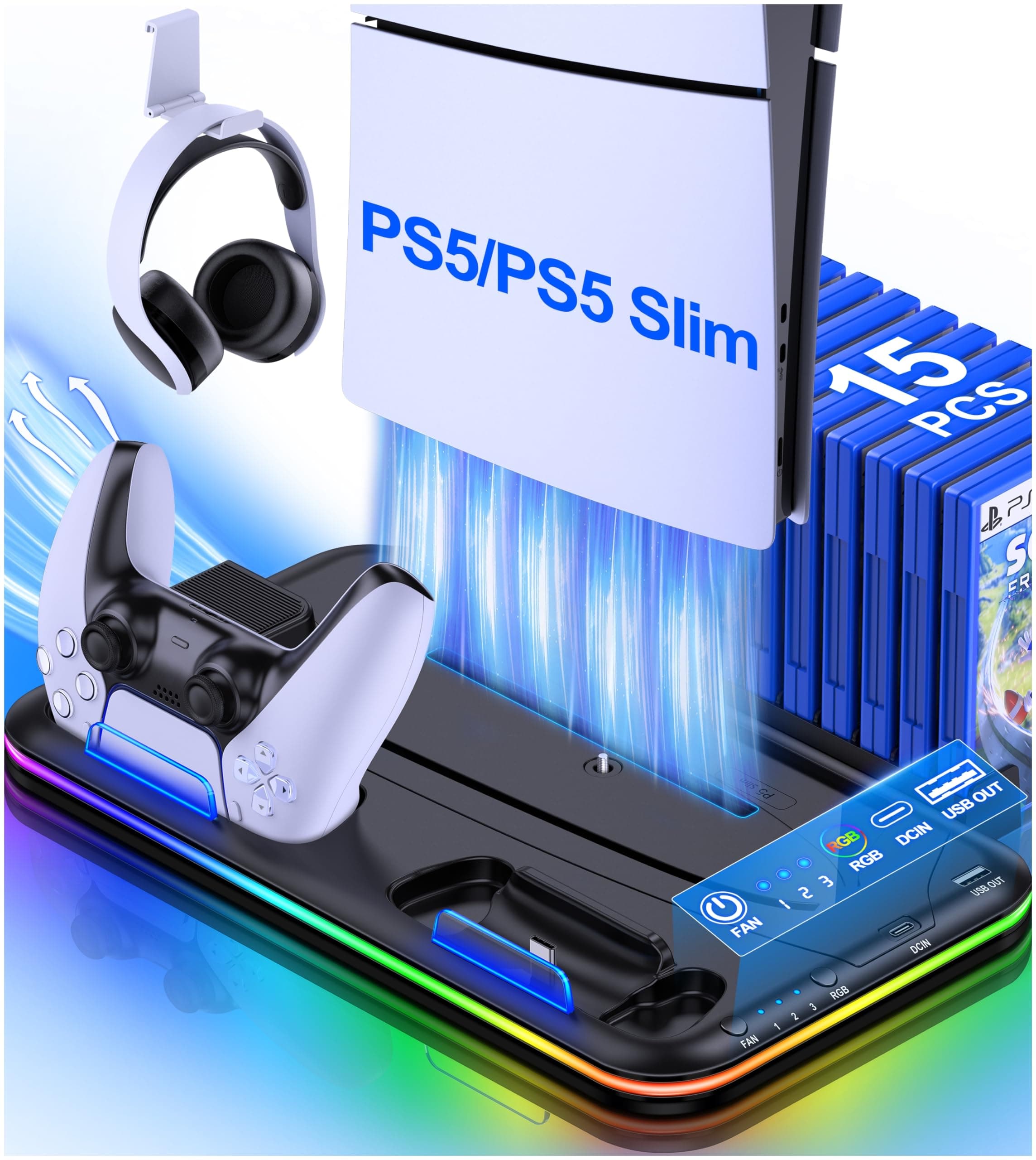🎮 HELLCOOL PS5 Slim Ständer mit PS5 Lüfter - Zubehör für 2023 Playstation 5 Konsole Schwarz 🎮