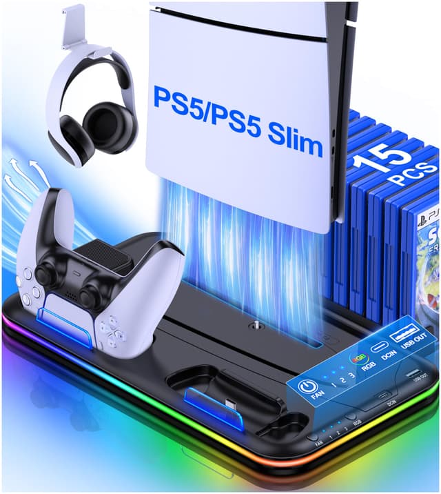 🎮 HELLCOOL PS5 Slim Ständer mit PS5 Lüfter - Zubehör für 2023 Playstation 5 Konsole Schwarz 🎮