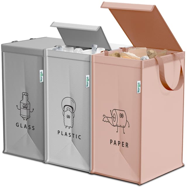 🌿🗑️ Norggo® Mülltrennsystem 3fach – Set aus 3 Mülltrennsysteme für Plastik, Papier und Glas – Recycling Behälter 40L mit Griff