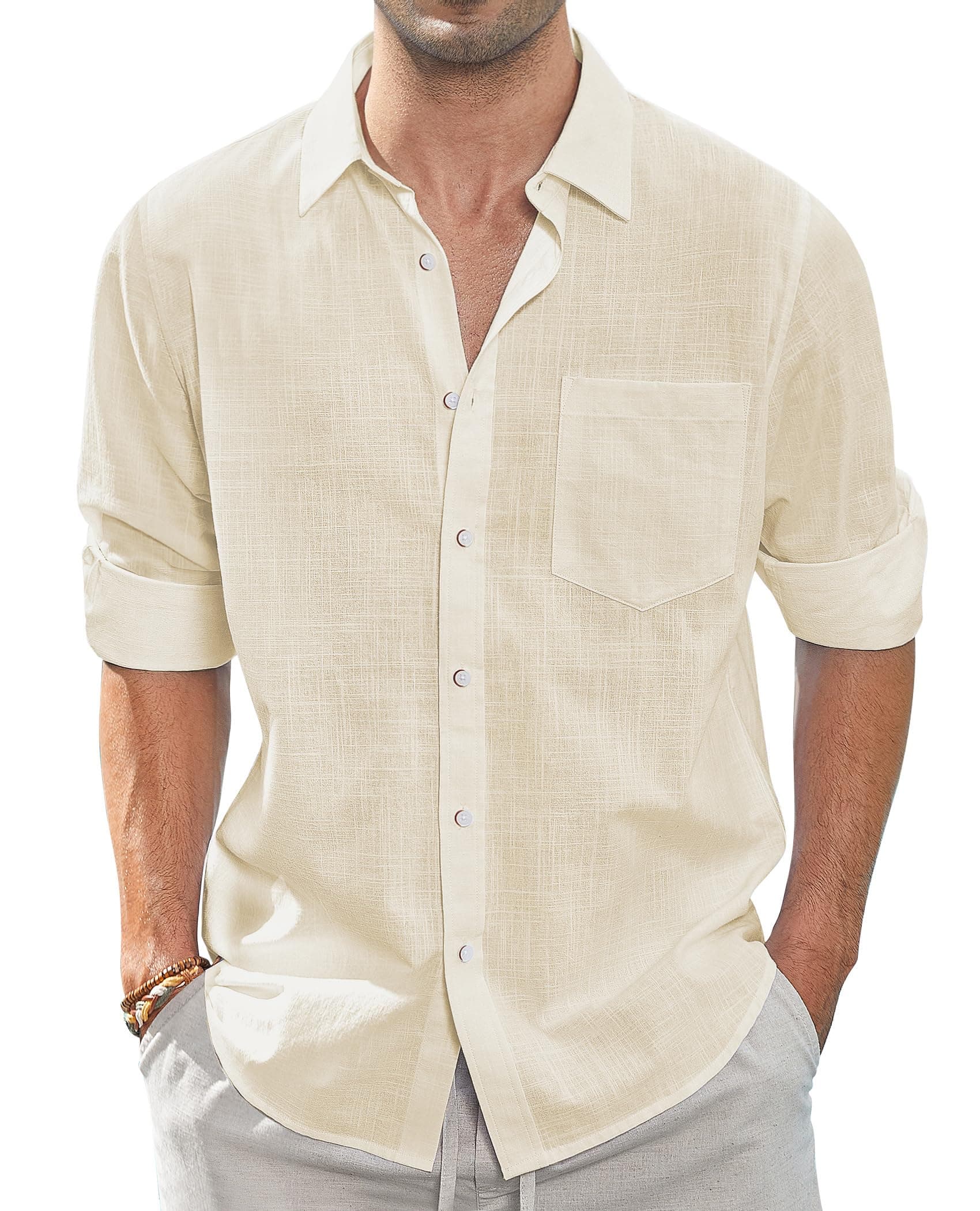 👔 J.VER Leinenhemd Herren Hemd Langarmhemd Regular Fit Strandhemd Baumwolle Business Linen Shirt Sommer Freizeithemd Beach Casual Shirt M Beige 👔