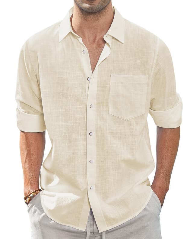 👔 J.VER Leinenhemd Herren Hemd Langarmhemd Regular Fit Strandhemd Baumwolle Business Linen Shirt Sommer Freizeithemd Beach Casual Shirt M Beige 👔