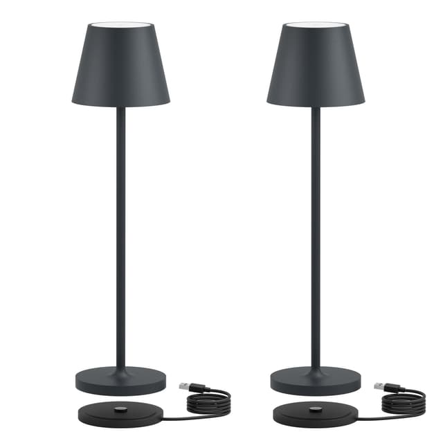 K-Bright 2 Stück 27.5cm LED Tischlampe | Indoor & Outdoor Akku Tischleuchte | Warmweißes Licht | Wasserdicht | USB Ladestation | Anthrazit 2 Stück