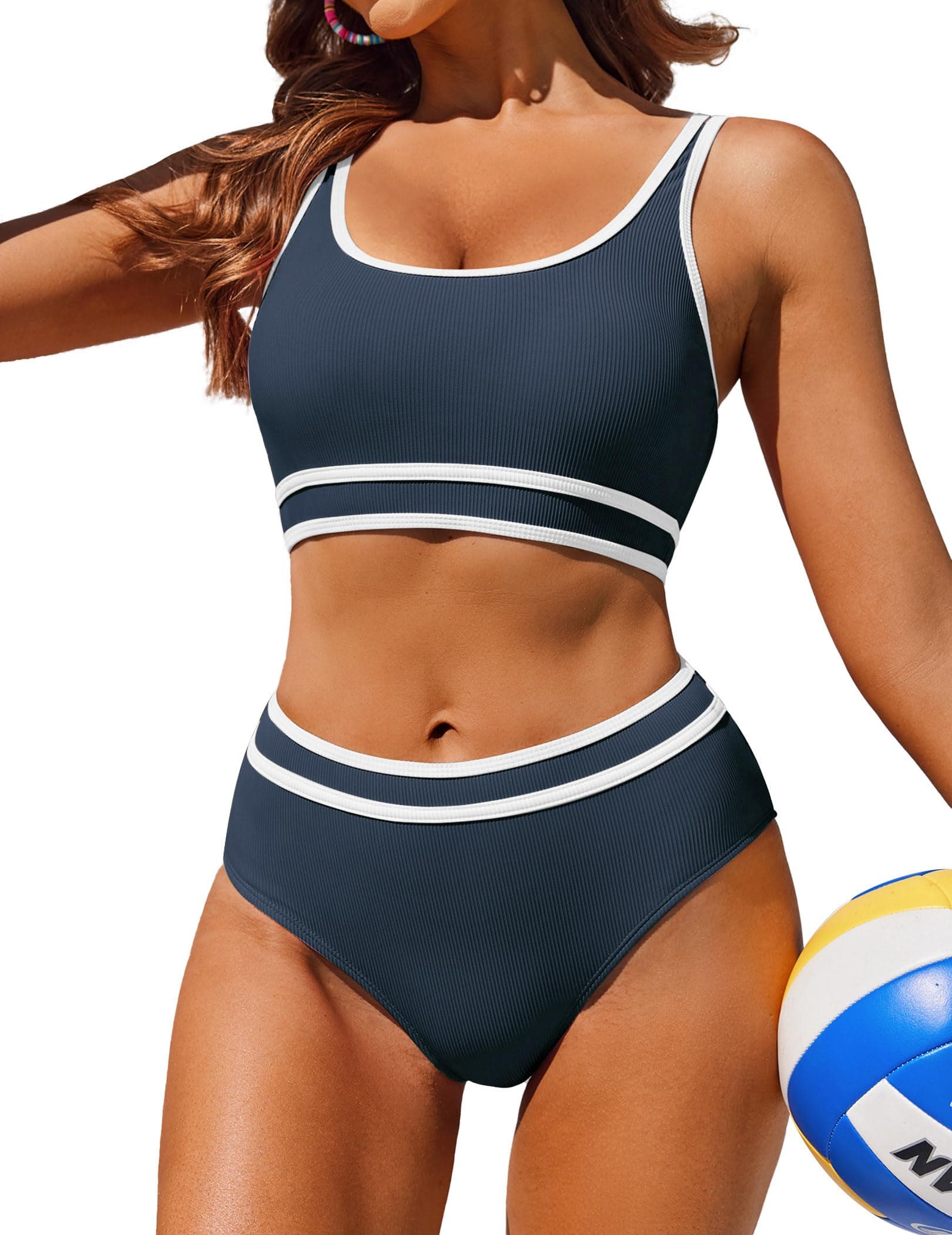 👙 AI'MAGE Bikini Damen Set Badeanzug Bauchweg Sport Bikini-Sets High Waist Bademode Push Up Gerippt Marineblau M