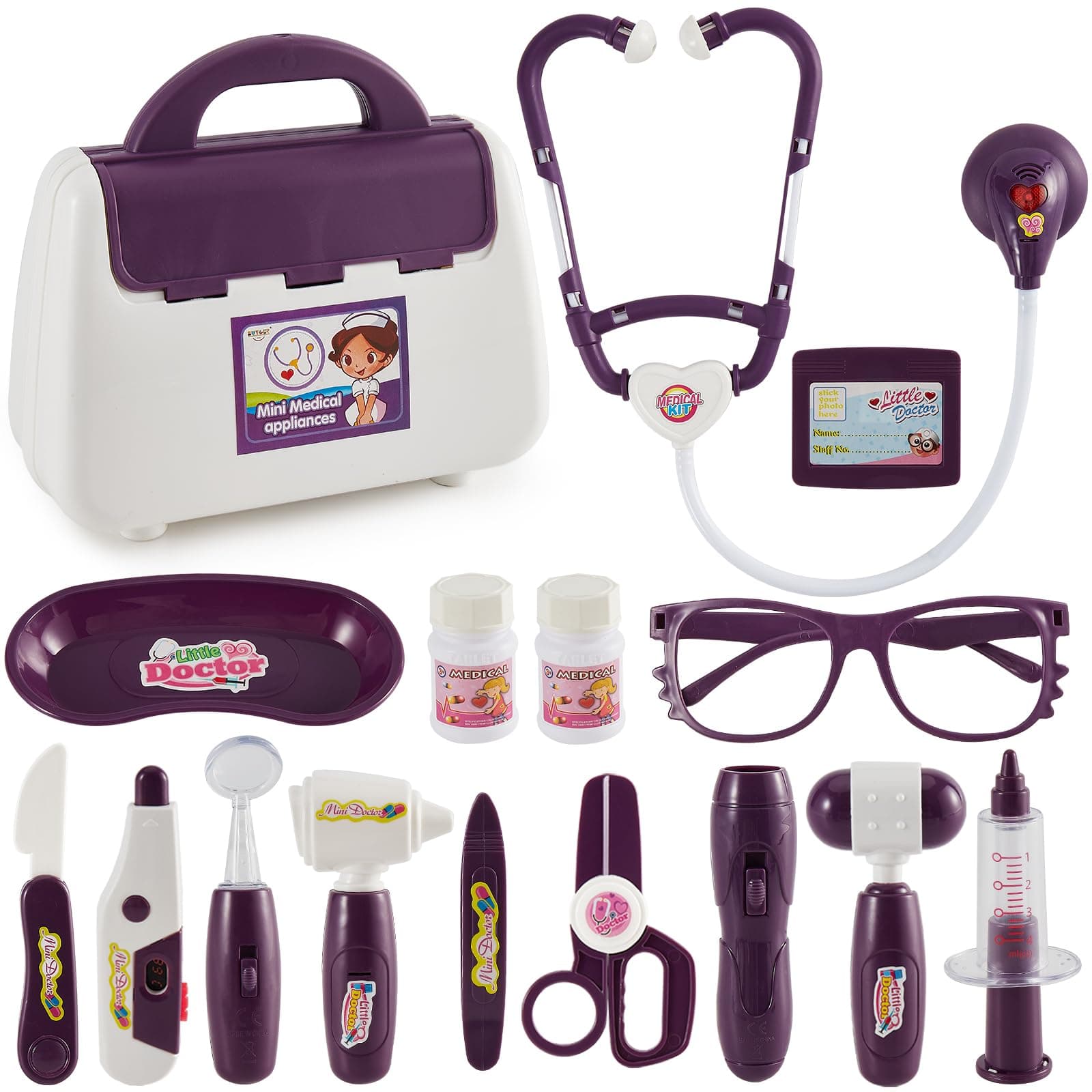 👩‍⚕️🐶👨‍⚕️ Arztkoffer Kinder mit Elektrisch Stethoskop Thermometer, Medizinische Spielzeug, Tierarzt Doktor Rollenspiel, Geschenk für Kinder 3 + Jahren, Lila