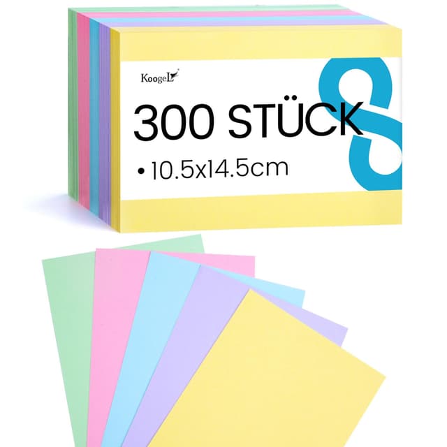 Koogel Karteikarten A6 blanko, 300 Stück in 5 Farben 📚✏️