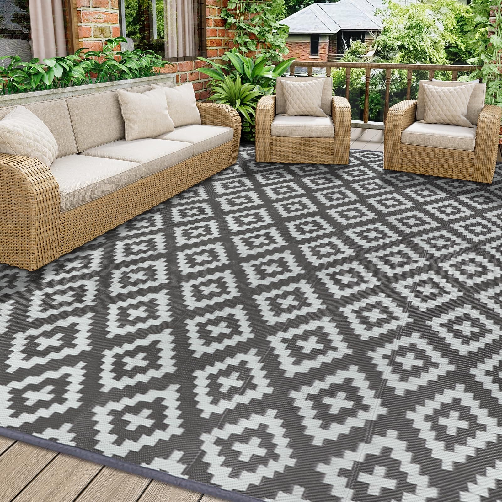 Homcomodar Outdoor Teppich 180x270cm - Reversible Matte Kunststoff Stroh Teppich