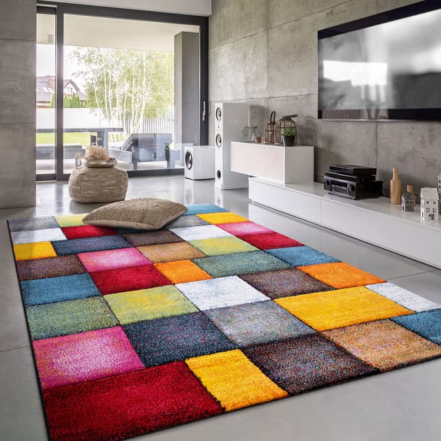 🌈 Paco Home Teppich Wohnzimmer Kinderzimmer Kurzflor Moderne 3D Optik Kariert Geometrische Muster, Grösse:120x170 cm, Farbe:Bunt 🌟