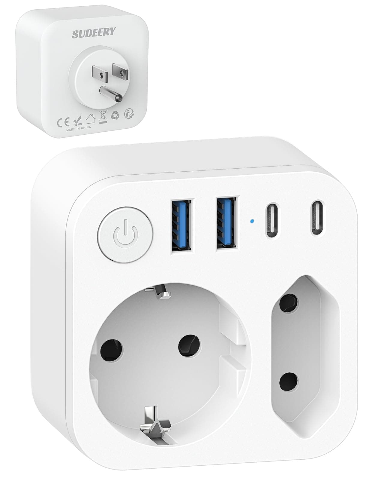 🔌🔋 6 in 1 USA Adapter Steckdose mit 4 USB (2 Typ-C) - Weiß
