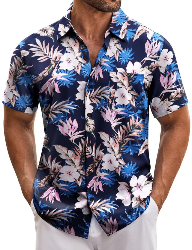 COOFANDY Hawaii Hemd Männer Sommer Button Down Hemden Herren Kurzarm Casual Strandhemd Blumenmuster Freizeithemden Mit Taschen Blau L 🌺🌴☀️