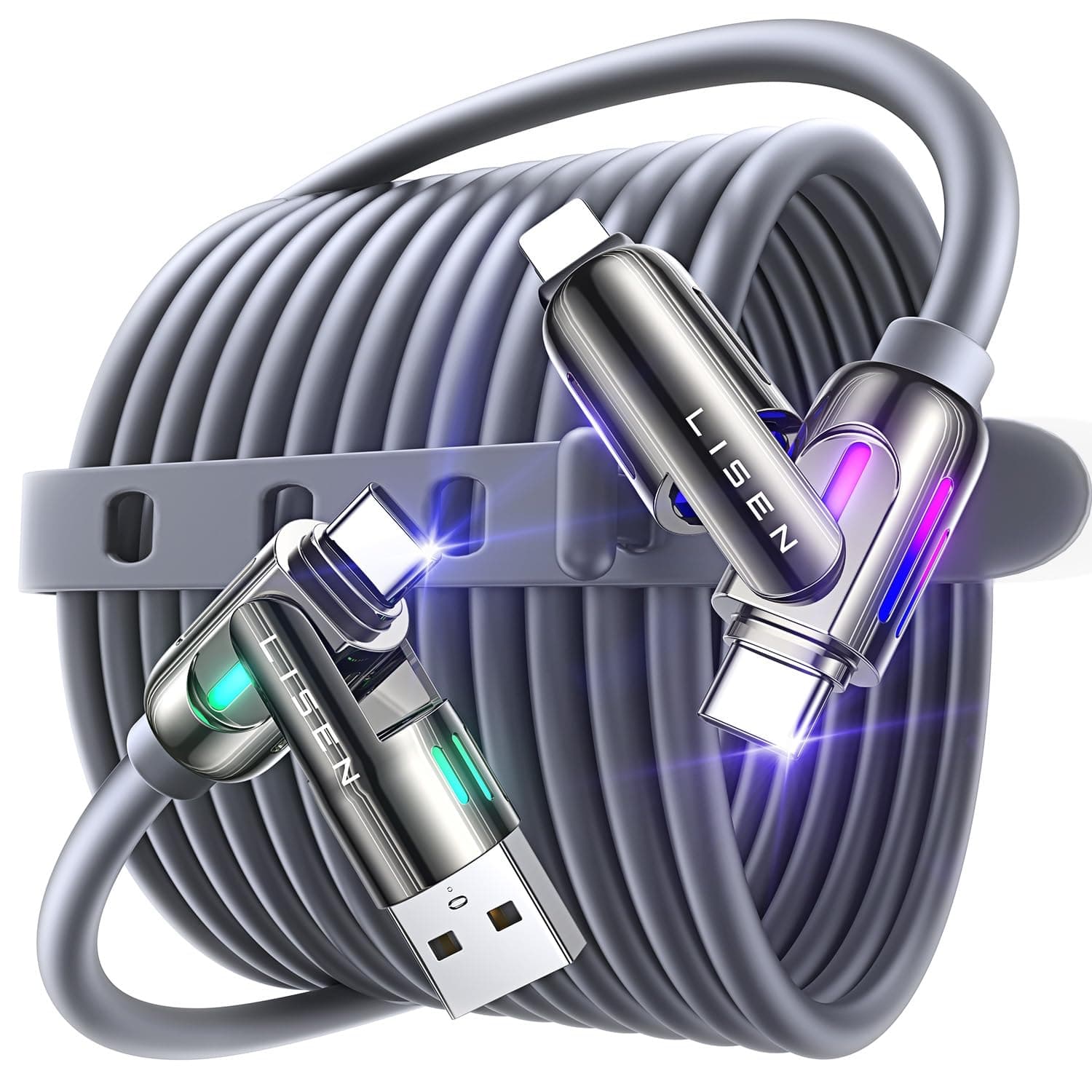 🔋🌐 LISEN 4 in 1 Multi Ladekabel: Universal Ladekabel Mehrfach Anschlüsse mit USB C/A/Lightning, 240W USB C Schnellladekabel mit Licht für iPhone 16e 16 15 14 Pro/MacBook/iPad/Samsung S25/Switch PS5, 2M Grey