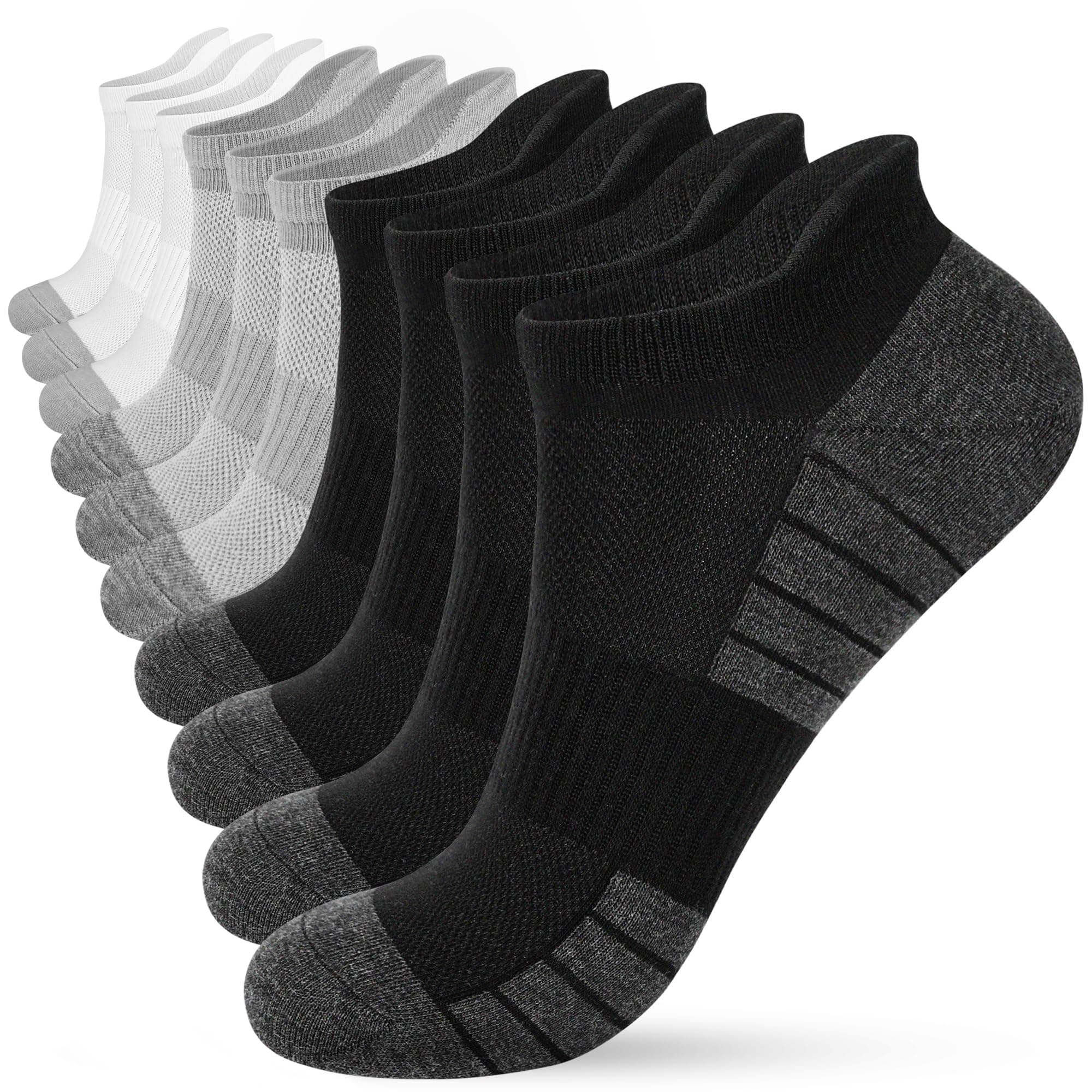 HIYATO 10 Paar Sneaker Socken Herren Damen | Atmungsaktive Sportsocken 🧦 | Baumwolle Kurz Laufsocken 43-46 | 4x Schwarz + 3x Weiß + 3x Grau