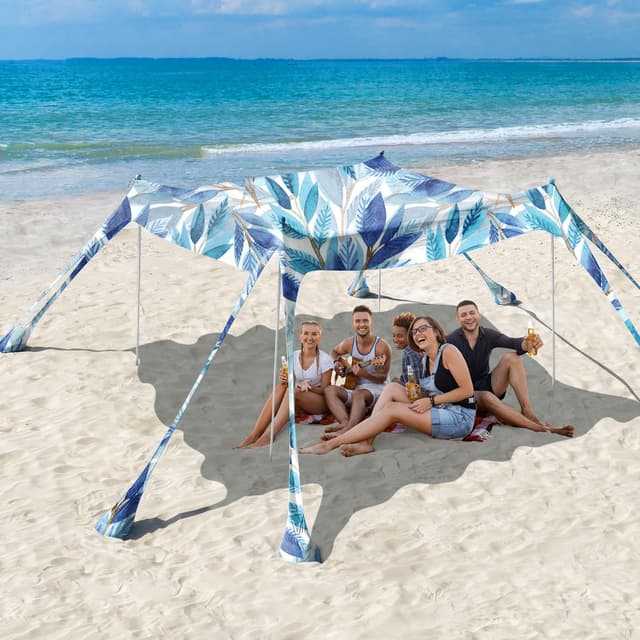 Rhino Valley Strandmuschel, Strandzelt Sonnenschutz UV 50+, Windschutz Strandzelt 10x10 FT Weiß Blau Blatt 🌞🏖️