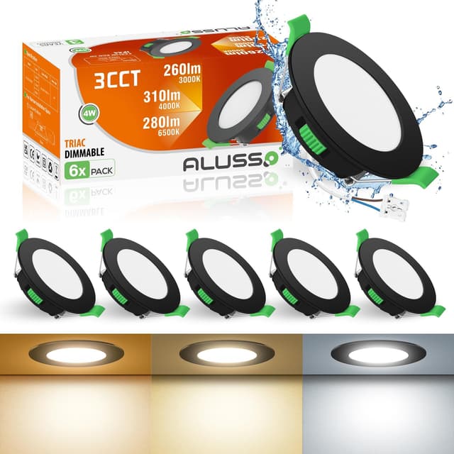 ALUSSO LED Einbaustrahler 230V 4W Flach,Dimmbar LED Spots 230V,68mm LED Deckenspots LED Einbauleuchten,Warmweiß 3000K Neutralweiß 4000K Kaltweiß 6500K,Schwarz IP44 Einbauspots für Badezimmer,6er Set 4w Schwarz, Ø55-68mm Lochmass 6er Set