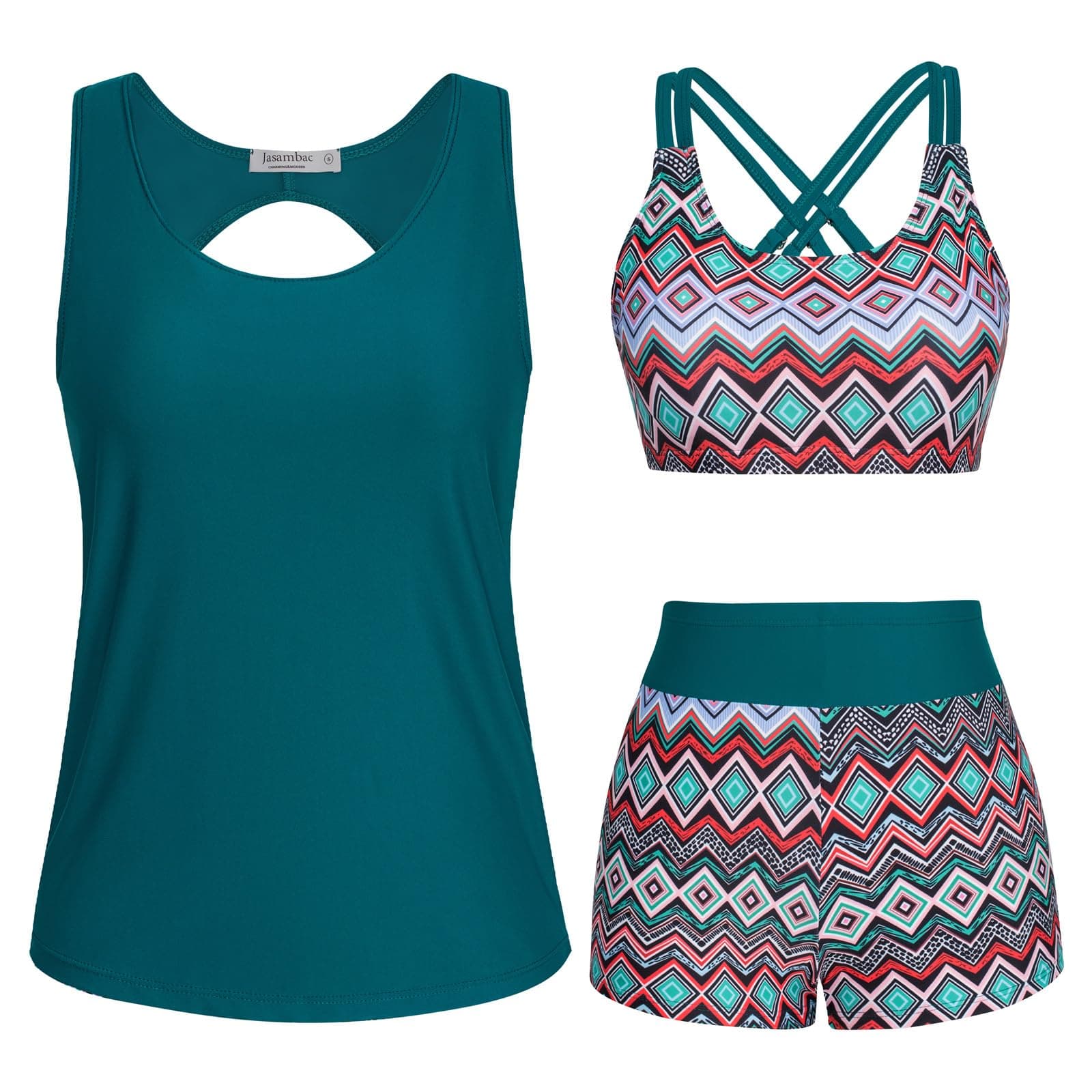 👙 JASAMBAC 3-teiliger Tankini Damen Bauchweg, Push-up-Bikinioberteil und High Waist Badeshorts 🌊