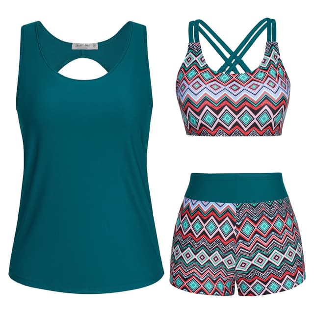 👙 JASAMBAC 3-teiliger Tankini Damen Bauchweg, Push-up-Bikinioberteil und High Waist Badeshorts 🌊