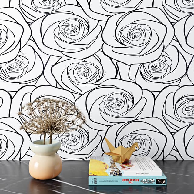 Vintage Selbstklebende Tapete mit Blumenmuster 🌹 Schwarz-Weiß 44.5cm x 7m