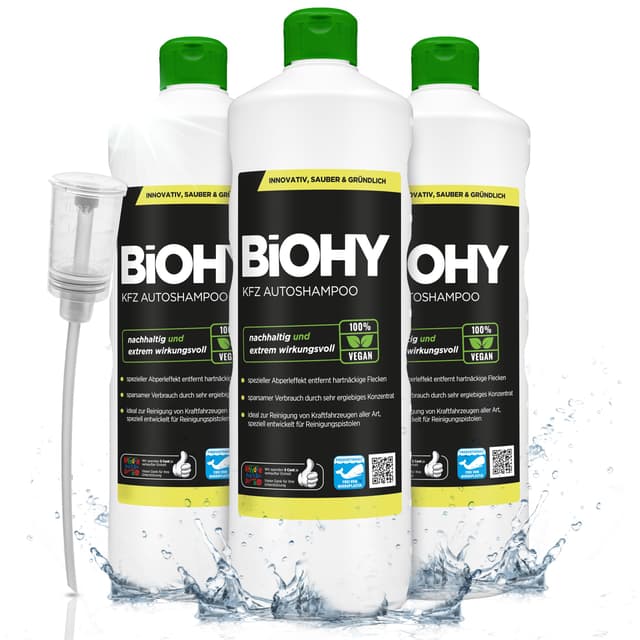 BiOHY KFZ Autoshampoo (3 x 1 Liter) + Dosierer | Bio Autoreiniger schützt Lack vor Schmutz von Außen
