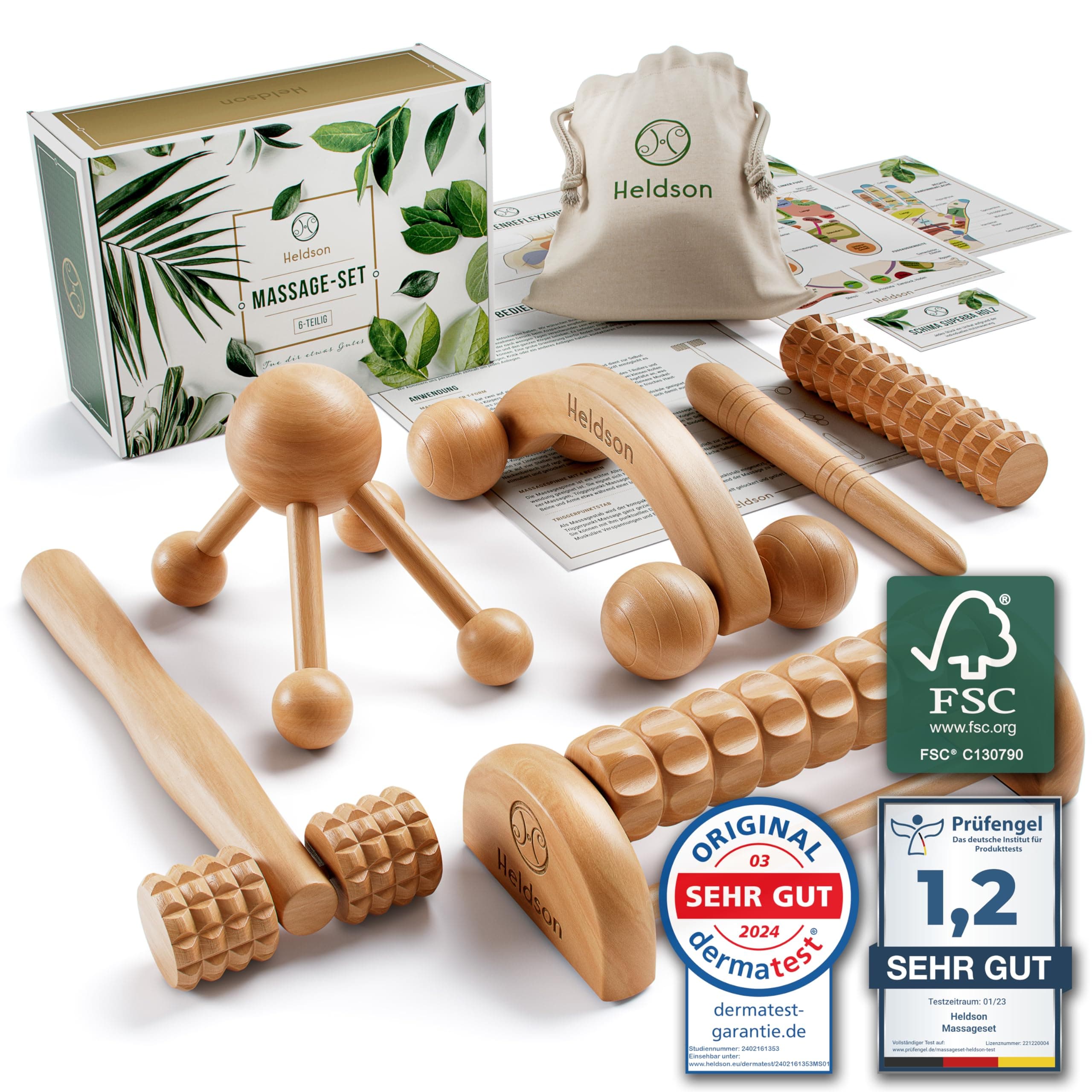 🌿 HELDSON® Premium Massage Set Holz [6 Teile] FSC®100% - Entspannung Therapie Tools 🌺