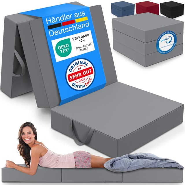 🛌 ELONEO Klappmatratze, Gästematratze, 3-teilige Faltmatratze, Schaumstoff extra dick (15cm), waschbar, Bandscheibenwürfel, klappbar, Faltbare Matratze, Erwachsene (Grau, 90 x 200 x 15 cm)