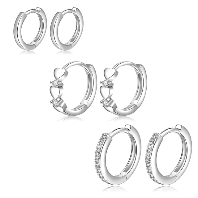 Creolen aus Sterling-Silber 925, klein, 3 Paar, hypoallergen, für Frauen, Mädchen, Schmuck, Geschenk, 8 mm/10 mm/12 mm PABBEU, Zirkonia Diamant C:3 Paar Silber-8/10/12mm