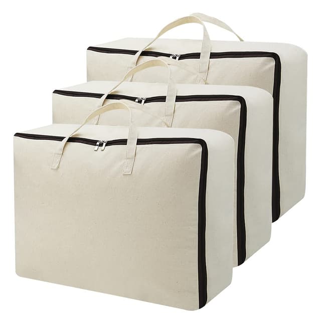 🌟 Große weiche Bettwäsche Tasche aus Segeltuch | Pullover mit Reißverschluss 🌿 Aufbewahrungstasche für Schränke und unter dem Bett | Garment Organizer Bag für Garderobe | 3er Pack Beige