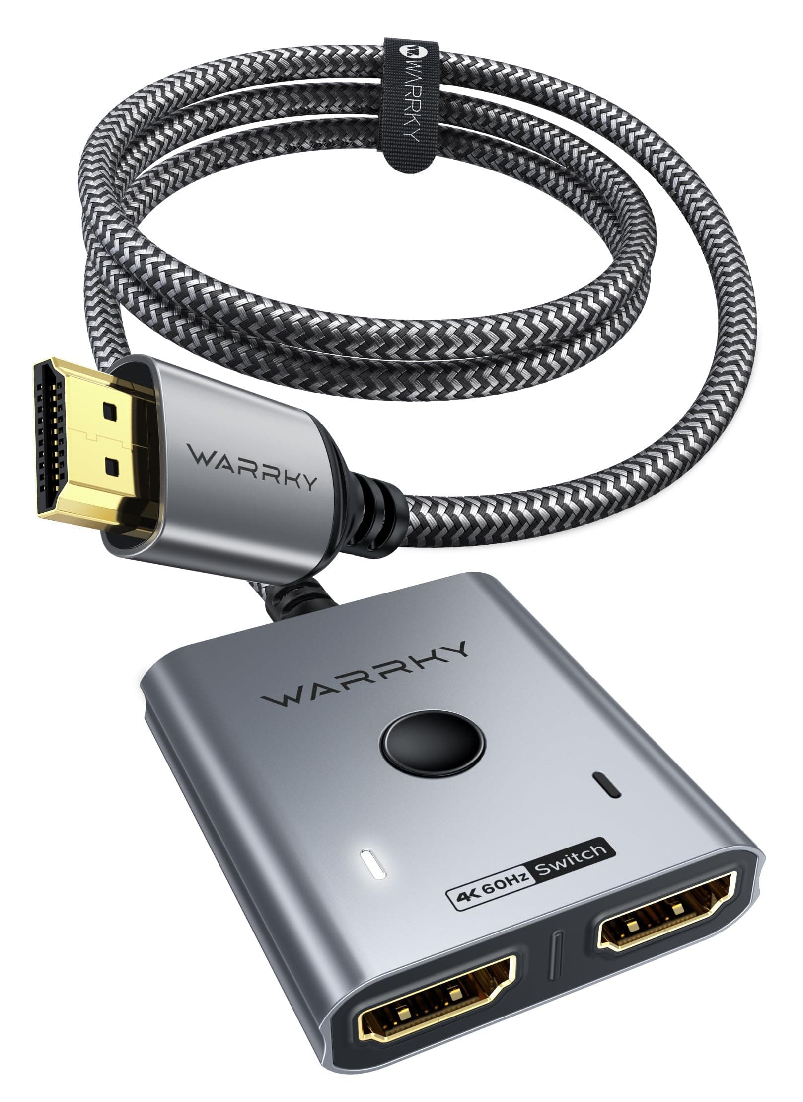 HDMI Switch 4K@60Hz, WARRKY HDMI 2.0 Splitter 2 In 1 Out 💥【2K@144Hz, 1m Geflochtenes Kabel, HDCP 2.2】 Aluminium Umschalter