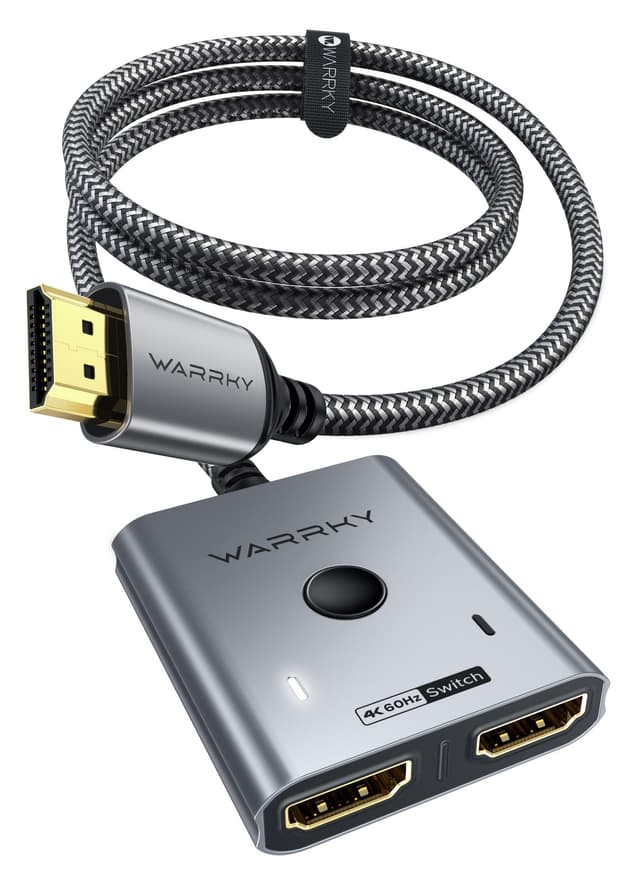 HDMI Switch 4K@60Hz, WARRKY HDMI 2.0 Splitter 2 In 1 Out 💥【2K@144Hz, 1m Geflochtenes Kabel, HDCP 2.2】 Aluminium Umschalter