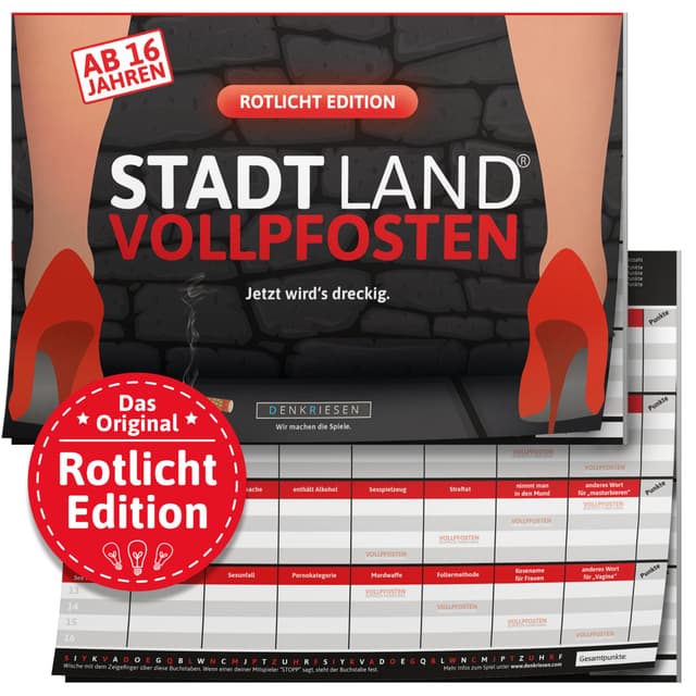 DENKRIESEN - Stadt Land VOLLPFOSTEN® - Rotlicht Edition | ab 16 Jahren | DIN A4 Spielblock | Partyspiel