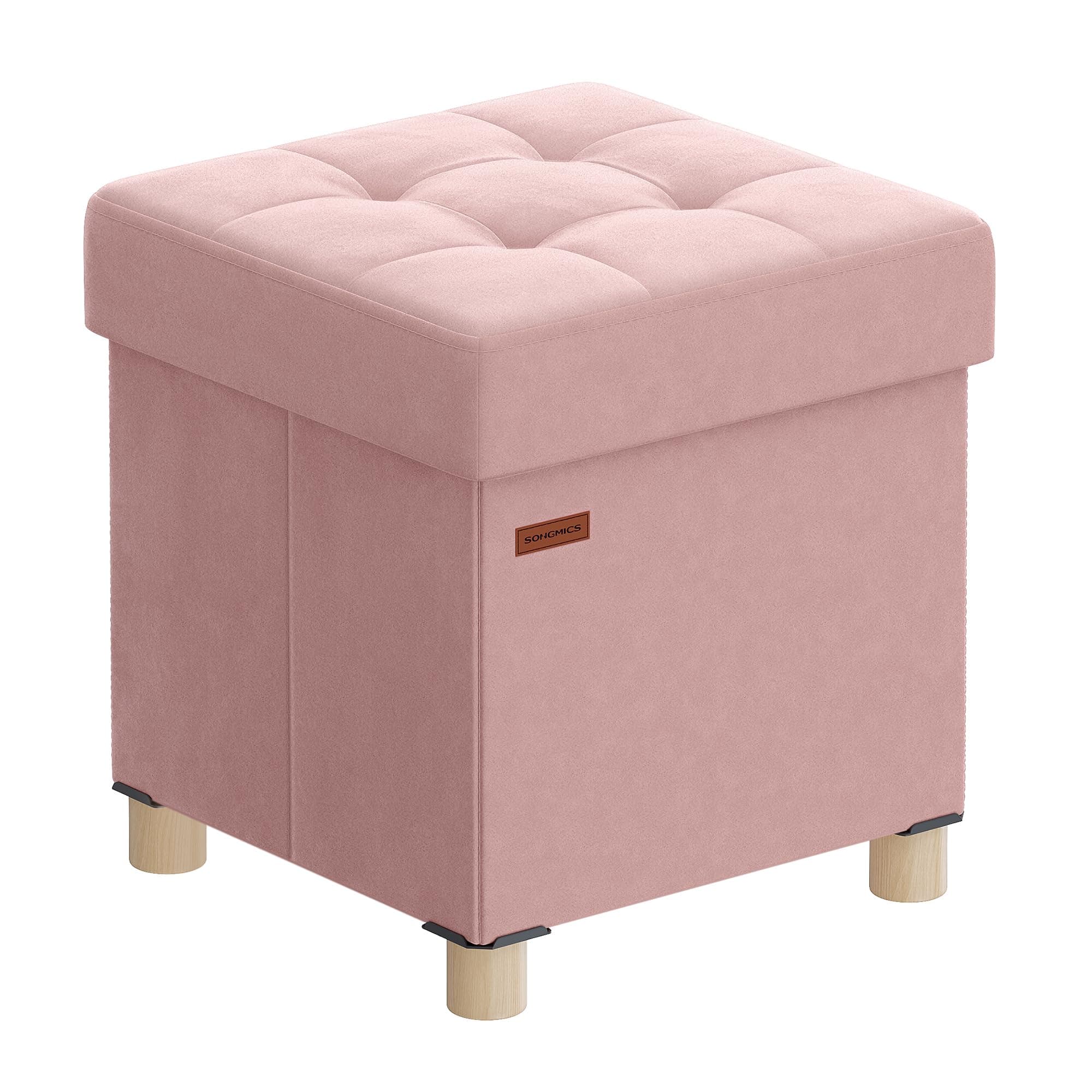 SONGMICS Sitzhocker mit Stauraum, Hocker faltbar, 38 x 38 x 40 cm, Samt, Pastellrosa