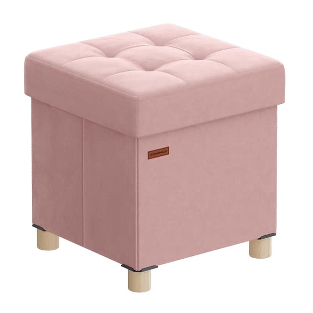 SONGMICS Sitzhocker mit Stauraum, Hocker faltbar, 38 x 38 x 40 cm, Samt, Pastellrosa