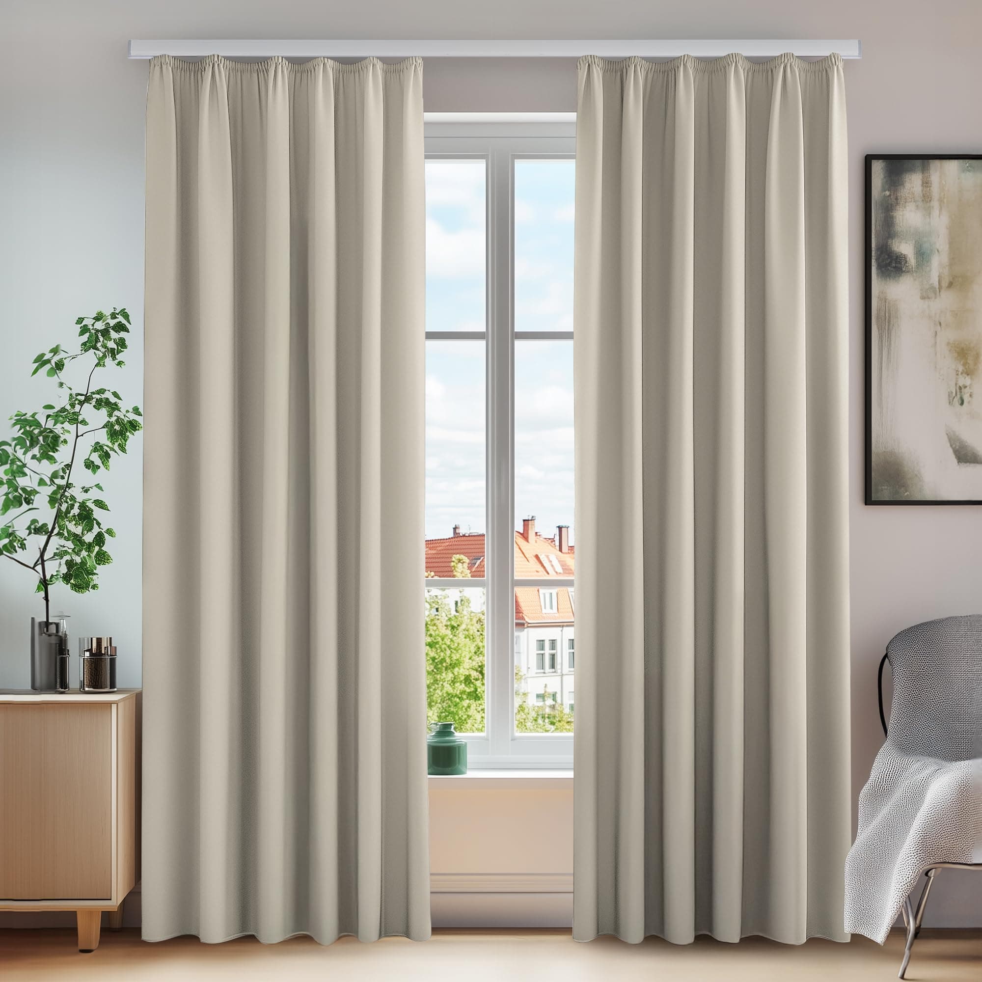 Deconovo Blickdichte Gardinen mit Kräuselband Lärmschutz Dicke Vorhänge Kälteschutz, 2er Set Creme