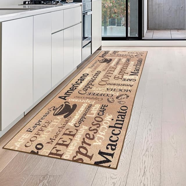 🌟 Teppich-Traum Coffee Küchenläufer in beige mit Gelrücken und Schriftzug in braun, 67 x 180 cm 🌟