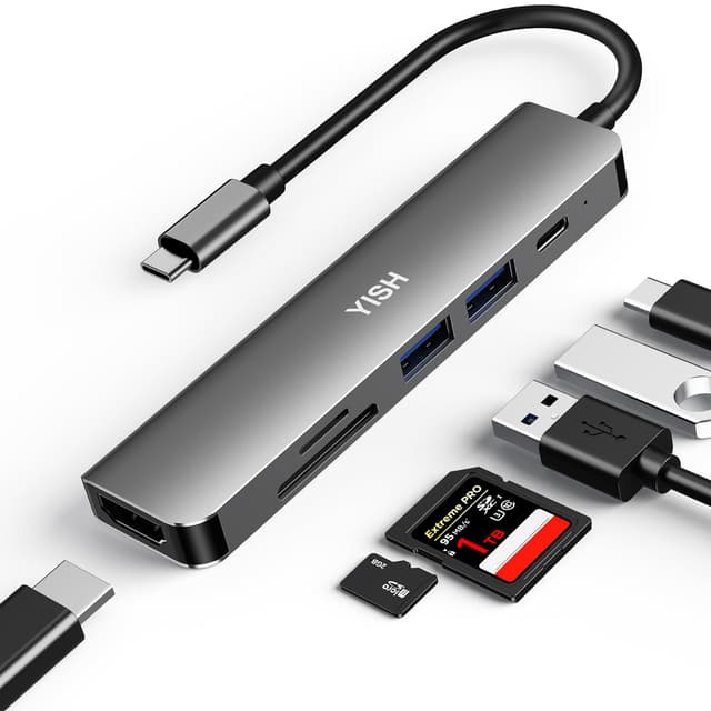 YISH USB C Hub 6-in-1 Multiport Adapter mit USB C PD100W, 4K HDMI, 2 x USB A, SD/TF Kartenleser