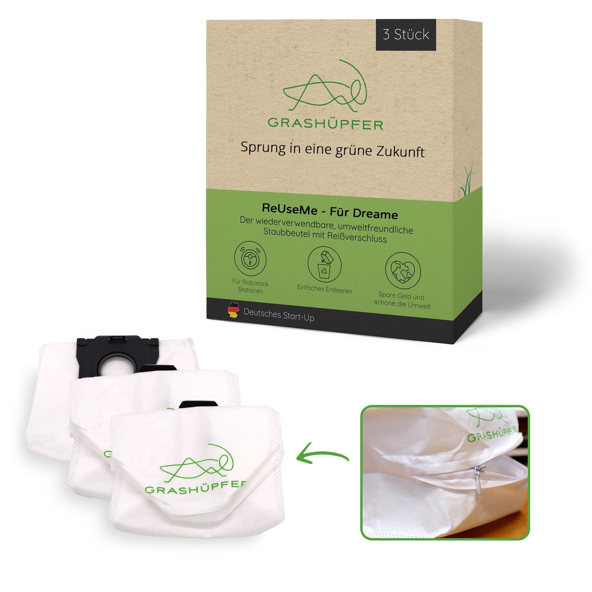 GRASHÜPFER® 3 Stück Wiederverwendbare Staubbeutel für DREAME und MOVA 🌱🇩🇪