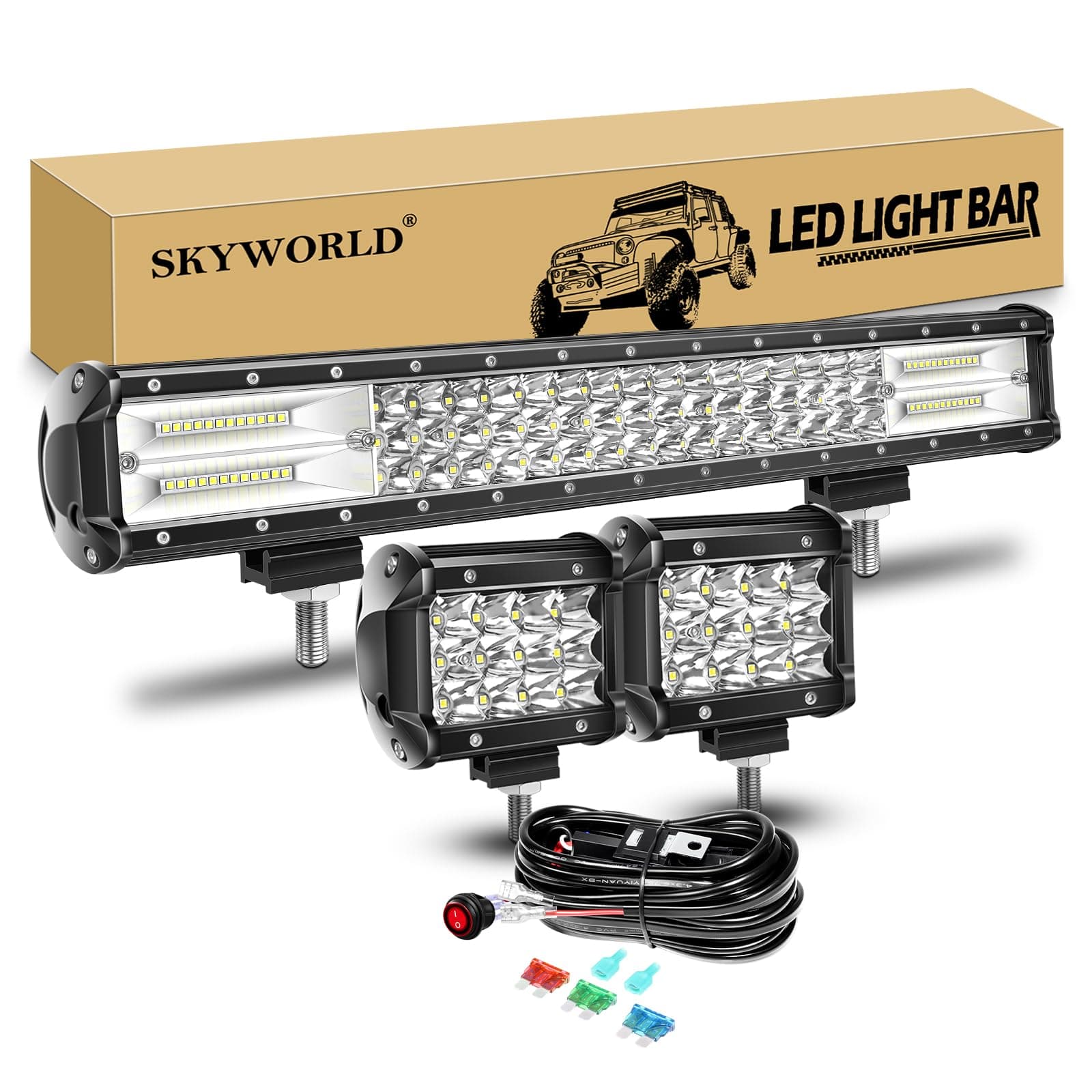SKYWORLD LED-Lichtleiste, 20" 288W Spot Flutlicht Arbeitsscheinwerfer Bar Offroad + 4" 36W LED Arbeitsscheinwerfer Spotlight 🚜