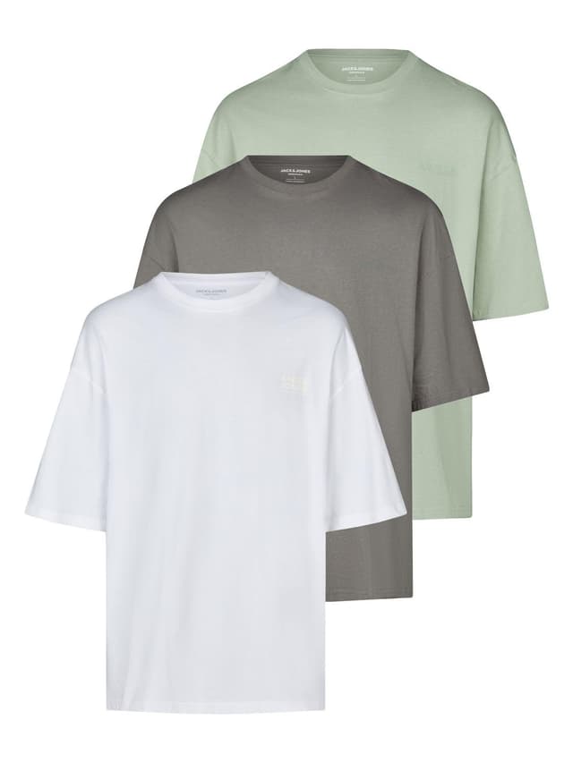 JACK & JONES Tshirt Herren Oversize Fit JJECHARGE 3er Set Pack Rundhals Kurzarm Sommer Tee Shirt Print Schwarz Weiß Beige Grün Grau Braun S M L XL XXL 3XL XXL Pack 3 (Iceberg/Castlerock/White) 🌟