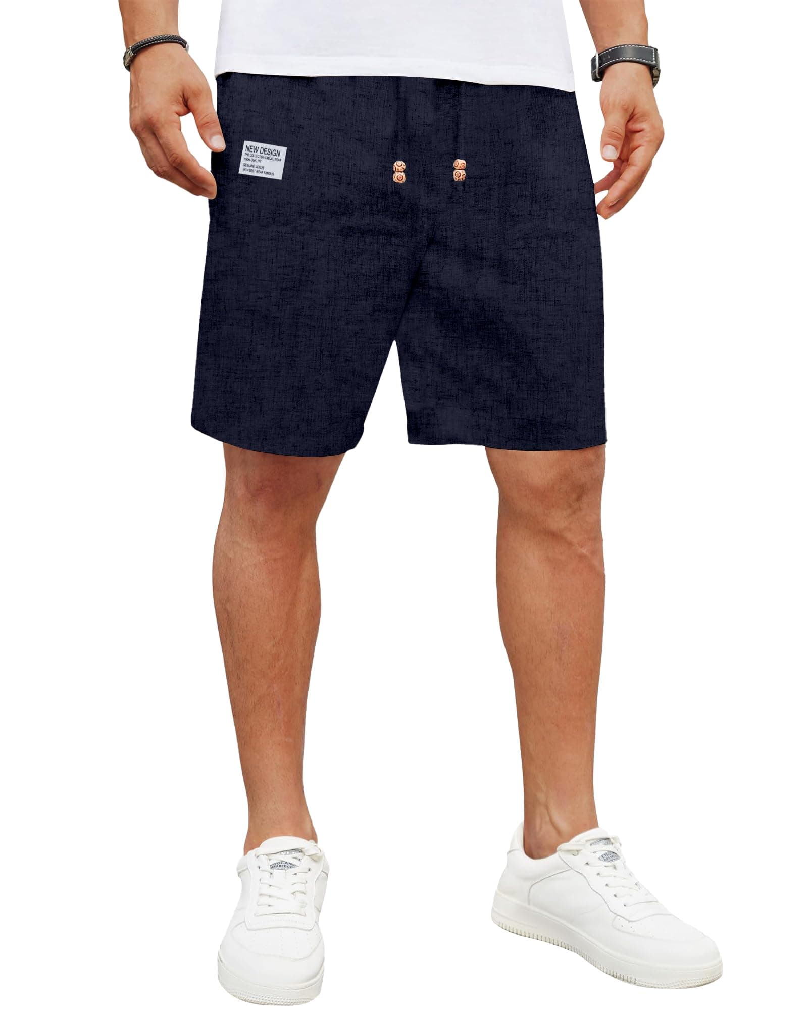 LVCBL Herrenshorts Leinen SommerShorts Einfarbige Lockere Passform Navy L