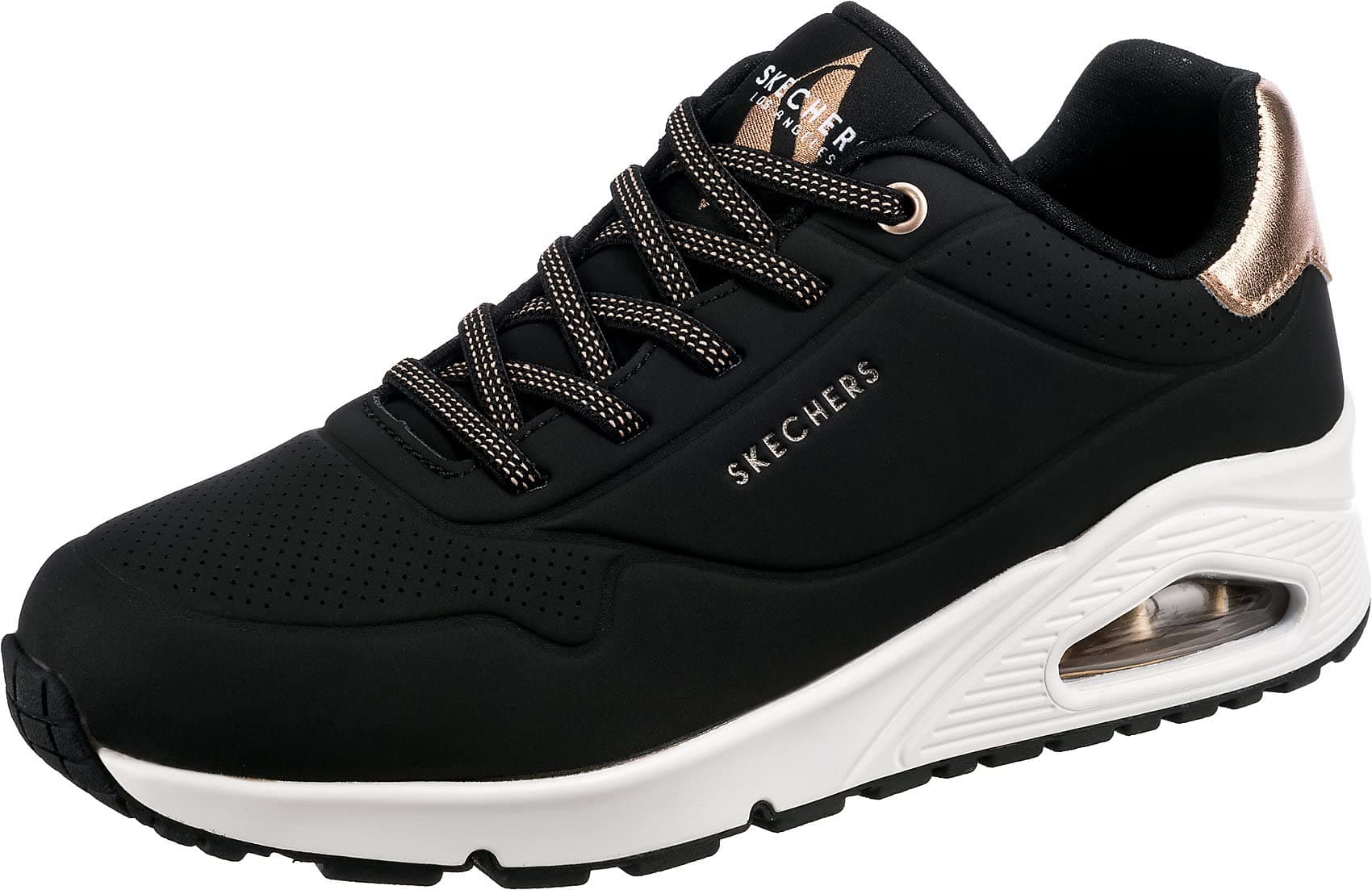 👟 Skechers Damen UNO-Shimmer Away Sneaker 40 EU Black Durabuck Rose Gold Duraleather Trim - Sonderangebot!