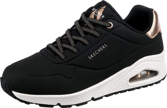 👟 Skechers Damen UNO-Shimmer Away Sneaker 40 EU Black Durabuck Rose Gold Duraleather Trim - Sonderangebot!