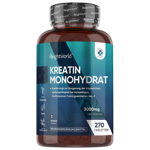 WeightWorld Creatin Monohydrat Tabletten - 3000mg pro Portion - 270 Kreatin Vegan Tablets