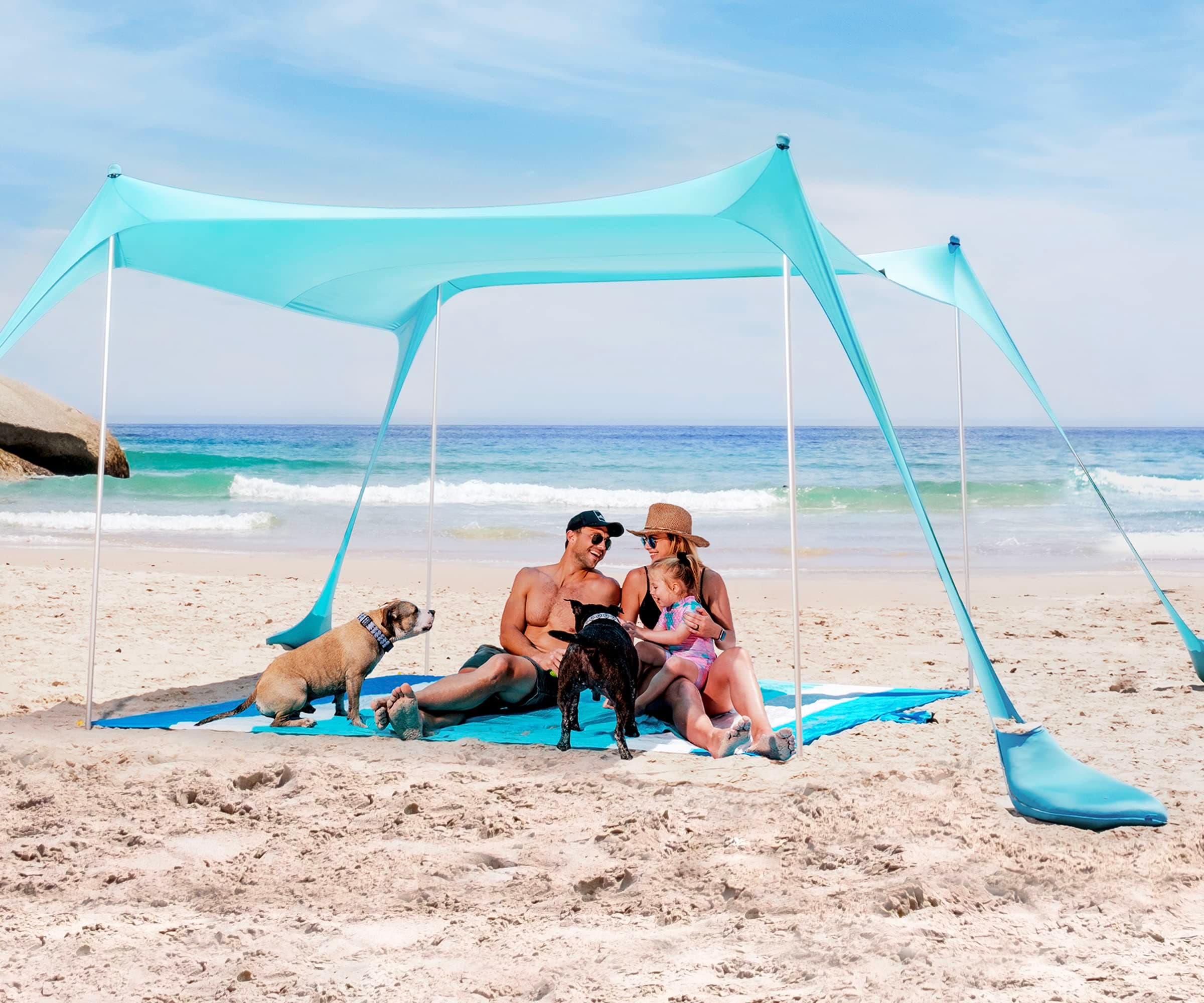 SUN NINJA Strandzelt mit UPF50+ - Sonnenschutz Strand Sonnensegel mit Sandschaufel & Erdnägeln - Strandmuschel Baby UV Schutz 50 - Beach Tent 8 Person - Türkis