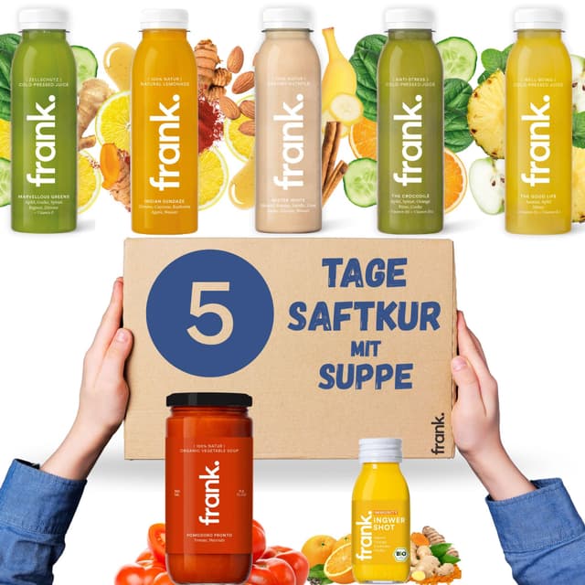 Frank Juice Saftkur 5 Tage mit Suppe | 25 x 330ml Säfte + 5 x 350ml Bio Suppen + 5 x 60ml Bio Ingwer Shot