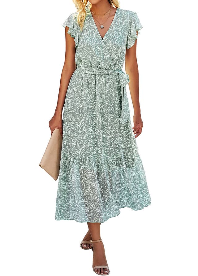 SEVETAT Damen Chiffon Boho Lange Kleid mit Gürtel 2025 Sommerkleid Partykleid Elegant V-Ausschnitt Maxikleid Blumenkleid Abendkleid S Hellgrün 😍
