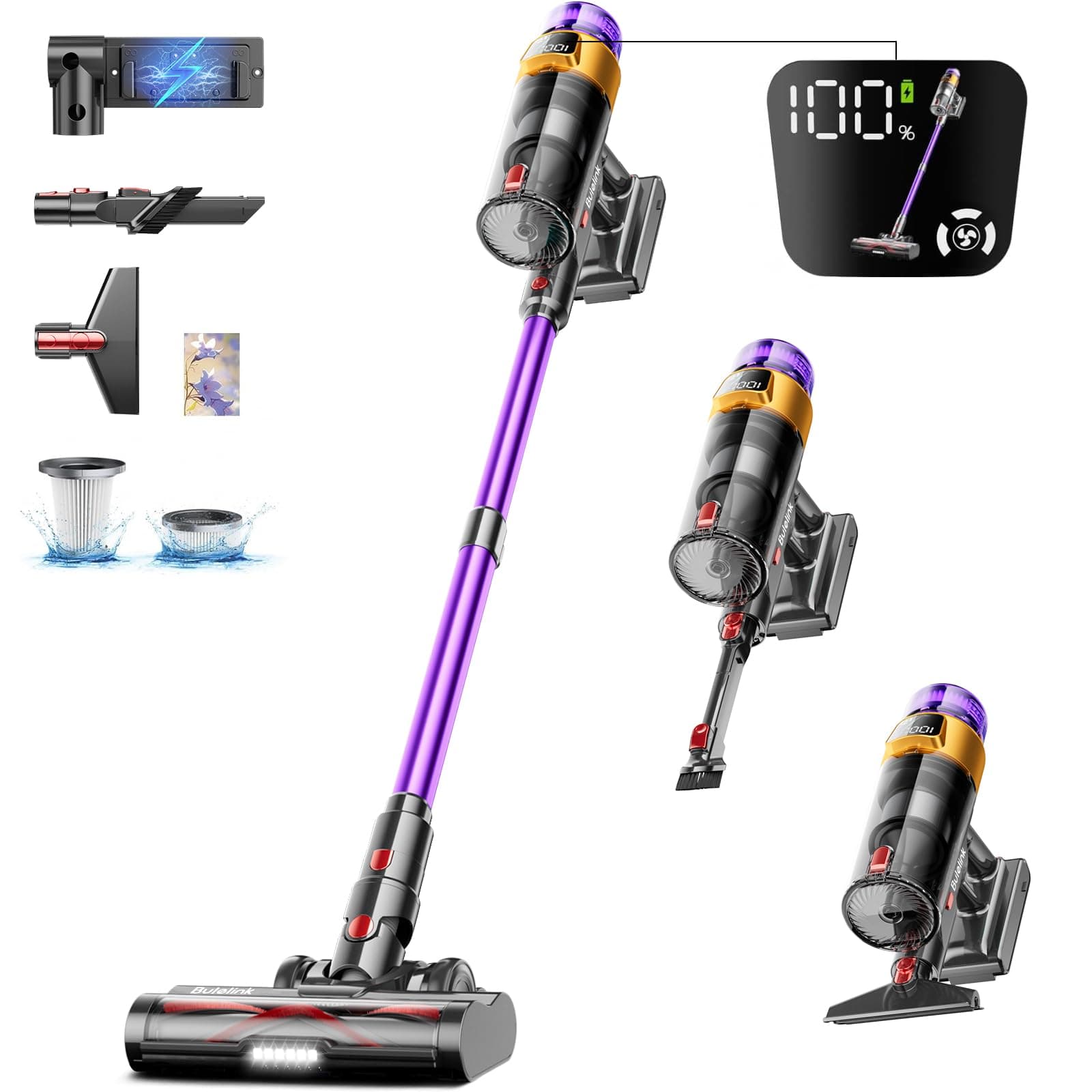 🔋🌀 Akku Staubsauger 45000PA/550W/70Mins,1.8L Kabellos mit OLED Smart Screen und Anti-Wicklung Bodenbürste
