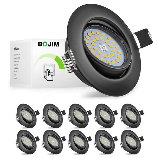 Bojim LED Einbaustrahler 230V Schwarz, LED Spots Dimmbar Neutralweiß 5.5W 68mm - 80mm Lochmass, 10er Set