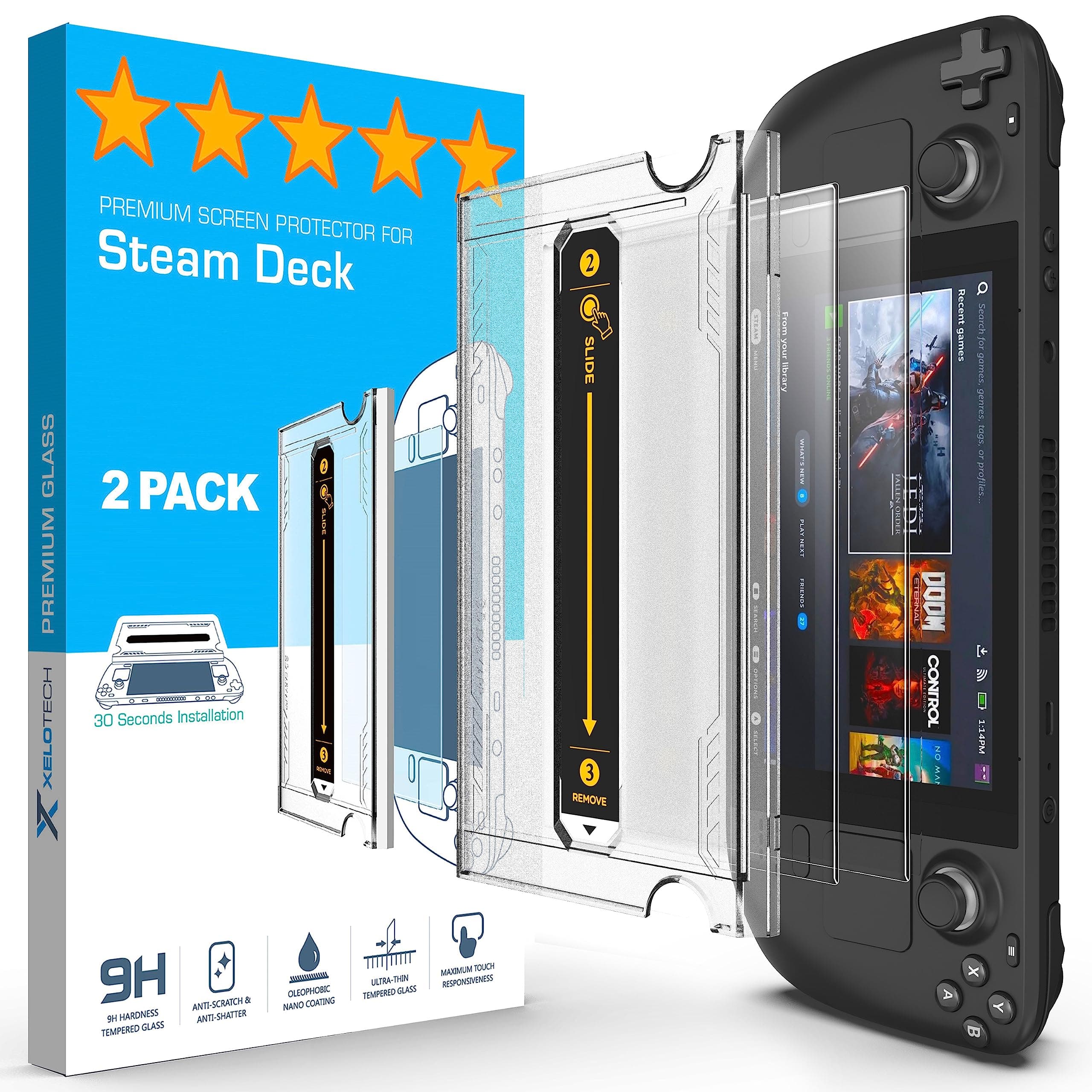 XeloTech Schutzfolie für Steam Deck OLED 7,4-Zoll (2023) und Steam Deck 7 Zoll (2021&2022) - 2 Stück Echtes Hartglas 🛡️🥳
