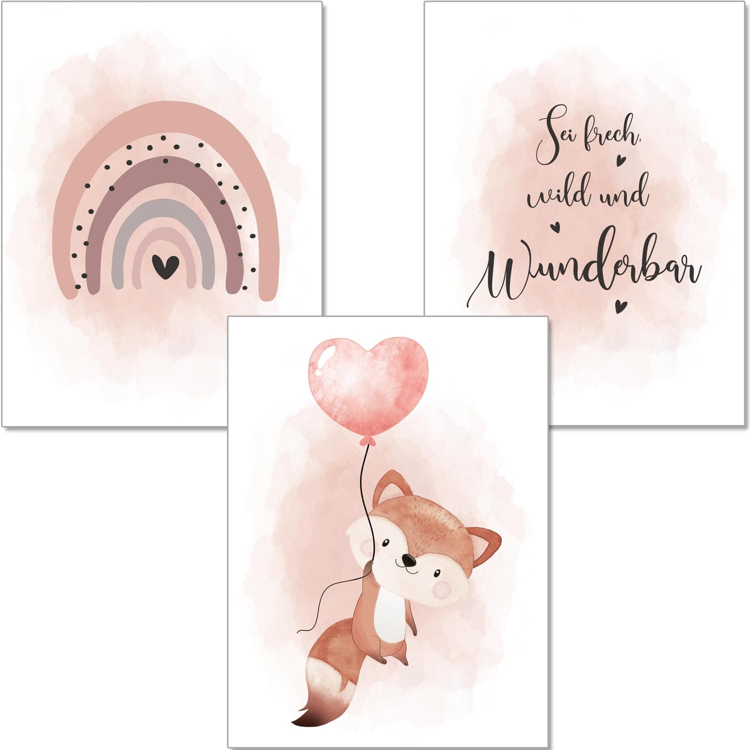 artpin® Poster Kinderzimmer, 3er Set Bilder Babyzimmer Mädchen 🎈🌈🦊